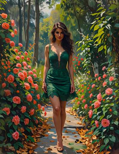 A woman is walking down a path through a garden filled with pink flowers and green trees. She is wearing a green dress that matches the color of the leaves on the trees. The painting has a realistic style, with an emphasis on detail and accuracy in depicting the natural environment around her.