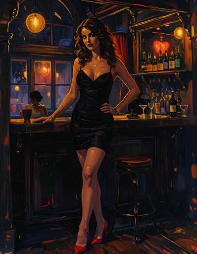 A woman stands confidently at the bar in a dimly lit room with red heels and a black dress. The bar is filled with various bottles of wine and glasses, suggesting a social gathering or celebration. A window on one side of the image lets in soft light that illuminates the scene.