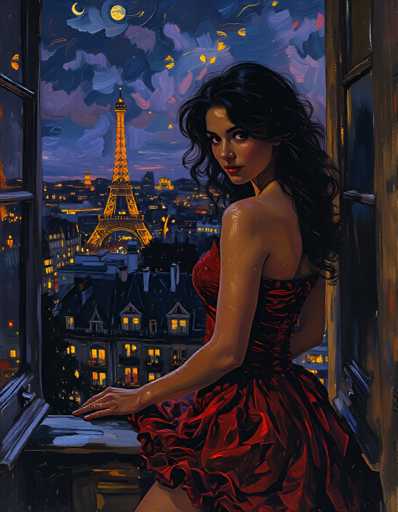 A woman with long dark hair is standing on a balcony and looking out at the city below. She is wearing a red dress that contrasts with the dark night sky. The painting features a cityscape in the background, including the Eiffel Tower, which adds to the romantic atmosphere of the scene.