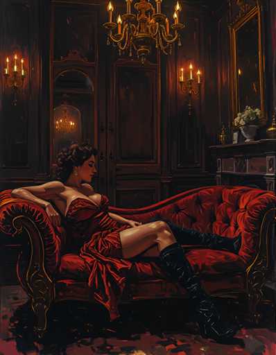 The image depicts a woman sitting on a red couch with her legs crossed and wearing a red dress and black boots. The room has dark wood paneling and gold accents, creating an elegant atmosphere. A mirror is visible in the background, reflecting the interior of the room.