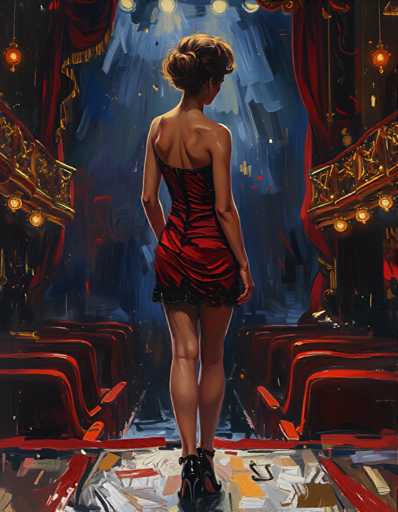 A woman stands alone on a stage with red curtains and gold railings, wearing a red dress and black heels.