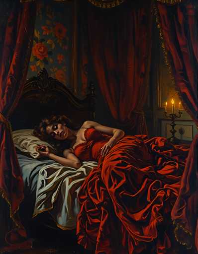 The image depicts a woman lying on her back in bed with white sheets and red curtains surrounding the room. The painting is executed in an impressionist style, characterized by loose brushstrokes that capture the essence of light and color rather than minute details.