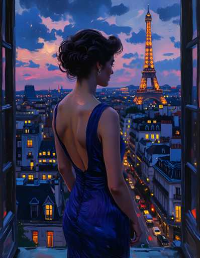 A woman stands on a balcony at night, gazing out over Paris. She is wearing a blue dress and has her back turned towards the viewer. The cityscape below features tall buildings with illuminated windows, including the iconic Eiffel Tower in the background.
