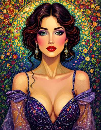 The image depicts a woman with long brown hair wearing a purple dress and red lipstick. She is standing against a backdrop of a floral patterned wall that features yellow flowers and green leaves. The colors in the painting are predominantly blue, purple, and yellow, creating a vibrant and lively atmosphere.