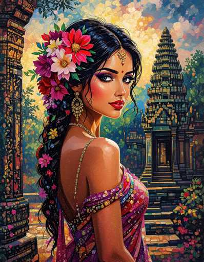 The image depicts a woman with long dark hair wearing a colorful sari and headpiece adorned with flowers. She is standing in front of a temple or pagoda, which has a green roof and is surrounded by trees and bushes. The painting style is realistic, capturing the intricate details of the woman's attire and the architectural features of the temple.