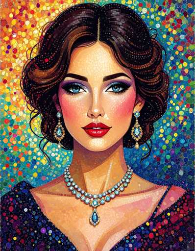 The image depicts a woman with long brown hair wearing a blue dress and earrings. The background is a vibrant mix of colors, including shades of yellow, orange, pink, green, and purple. The painting style is realistic, capturing the intricate details of the woman's features and clothing.