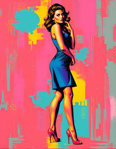 The image depicts a woman wearing a blue dress and red heels standing against a pink background with white lines and dots. The woman is positioned centrally within the frame, facing towards the right side of the image.