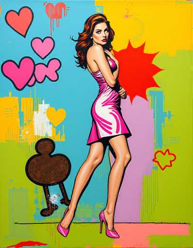The image depicts a woman wearing a pink dress and high heels standing on a green platform with her arms crossed over her chest. The background features a vibrant mix of red, yellow, blue, and white colors, creating an abstract art style reminiscent of pop art.