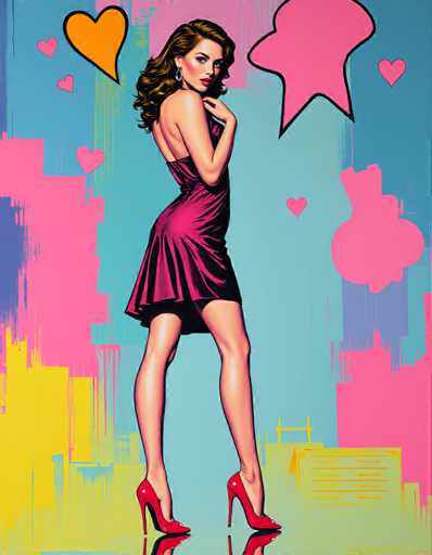 The image depicts a woman wearing a pink dress and red heels standing against a vibrant blue background with yellow and pink stripes. The woman is positioned on the left side of the frame, facing towards the right. In the center of the image, there are two speech bubbles - one containing an orange heart and the other featuring a pink star.
