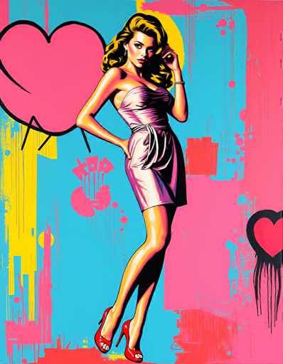 The image depicts a woman wearing a pink dress and red heels standing against a vibrant background of blue, yellow, and pink colors with white splatters. The woman is positioned centrally within the frame, facing towards the right side of the image.