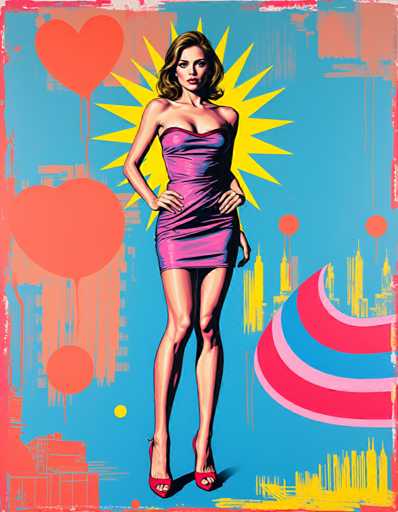 The image depicts a woman wearing a pink dress and red heels standing against a blue background with yellow circles and lines. The woman is positioned centrally within the frame, facing towards the right side of the image.