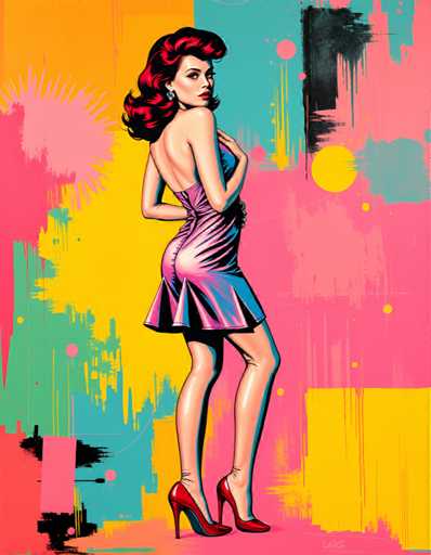 The image depicts a woman with red hair and a short dress standing against a vibrant background of pink, yellow, blue, green, and black colors. The woman is positioned on the left side of the frame, facing towards the right.