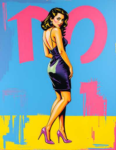 The image depicts a woman wearing a black dress and high heels standing on a beach with her back to the viewer. The background features a pink "M" and blue sky, creating an artistic and surreal atmosphere.
