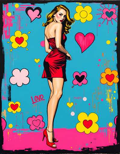 The image depicts a woman wearing a red dress with her back facing the viewer and her left hand resting on her hip. The background is a vibrant blue canvas adorned with pink hearts and yellow flowers scattered throughout.
