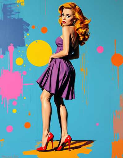 The image depicts a woman with red hair wearing a purple dress and high heels standing against a blue background adorned with splatters of pink and orange paint.