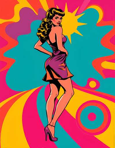The image depicts a woman with long brown hair and a short dress standing on the left side of the frame against a vibrant background that transitions from pink at the top to blue at the bottom. The woman is positioned in front of a circular pattern composed of yellow circles arranged in a zigzag formation, which extends across the entire width of the image.