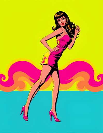The image depicts a woman wearing a pink dress and high heels standing on a blue surface with her left hand resting on her hip and her right hand raised to her face. The background features a gradient of colors transitioning from yellow at the top to pink at the bottom, creating an abstract pattern that adds depth to the composition.
The style of the image is reminiscent of pop art, characterized by bold lines and bright colors.
