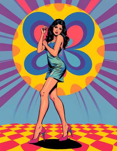 A woman is standing on a checkered floor with her arms outstretched and legs apart, wearing a blue dress and high heels. The background features a large circular pattern of pink and yellow lines against a purple backdrop.