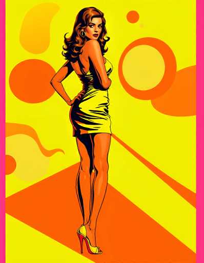 The image features a woman standing on a yellow and orange striped carpeted floor against a pink background with circles of varying sizes scattered throughout the scene. The woman is wearing a bright yellow dress that contrasts with her surroundings.