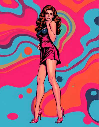 The image depicts a woman with long brown hair wearing a pink dress and high heels standing against a vibrant background of blue, orange, and pink swirls.
