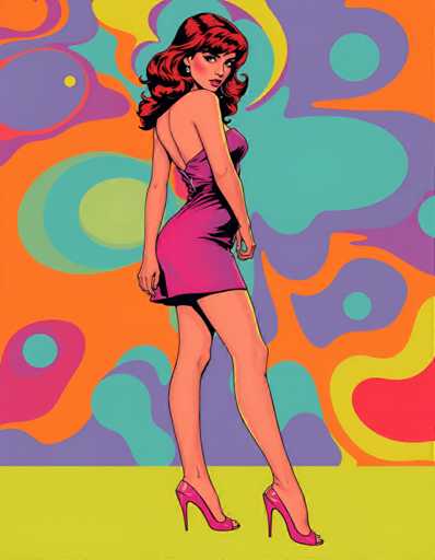 The image depicts a woman with long red hair wearing a pink dress and high heels standing against an abstract background of circles and lines in shades of orange, purple, green, blue, and yellow.