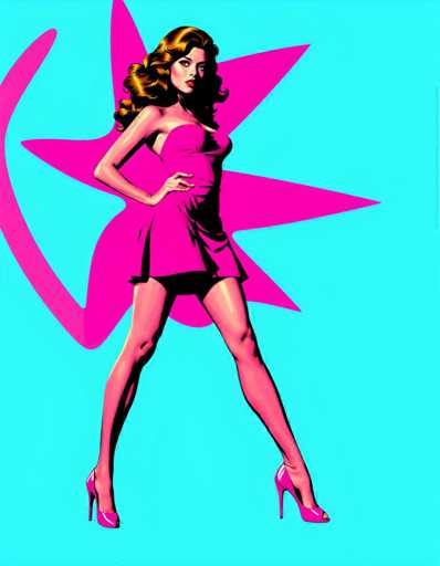 The image depicts a woman wearing a pink dress and high heels standing against a blue background with a pink star shape on it.