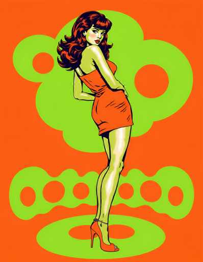 The image depicts a woman wearing an orange dress with her hair styled in loose waves and red lipstick on her lips. She is standing against a backdrop of green circles that appear to be floating or suspended in the air. The colors used are predominantly orange and green, creating a vibrant and eye-catching visual effect.