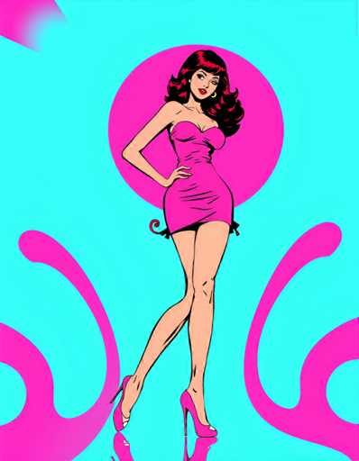The image depicts a woman wearing a pink dress and high heels standing on a pink surface with her arms crossed over her chest. The background is a gradient of blue and pink colors, creating a visually striking contrast that highlights the woman's figure.