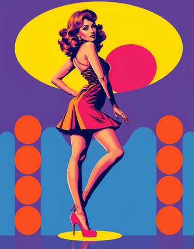 The image depicts a woman with long red hair wearing a pink dress and high heels standing on a stage against a purple background. The woman is positioned centrally within the frame, facing towards the right side of the image.