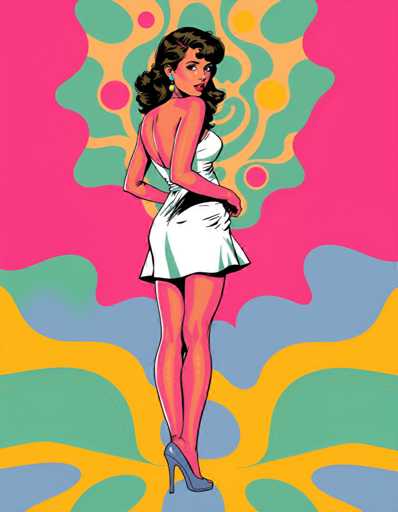 The image depicts a woman with long brown hair and dark eyes standing against a vibrant background of pink, green, blue, yellow, and orange colors arranged in an abstract pattern. The woman is wearing a white dress that contrasts with the colorful backdrop.