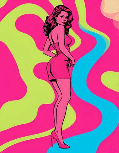 The image depicts a woman with long brown hair wearing a short dress and high heels standing against a vibrant pink background adorned with green and yellow swirls. The woman is positioned centrally within the frame, facing towards the right side of the image.