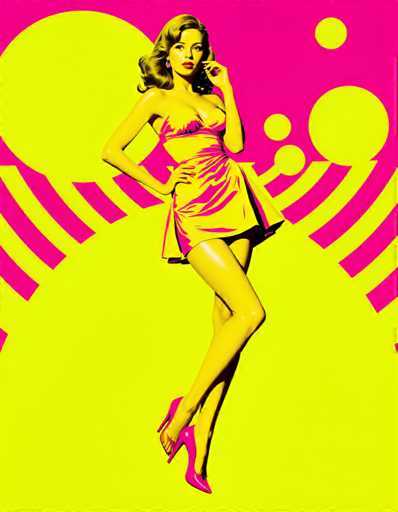 A woman is standing against a vibrant pink and yellow background with white polka dots. She is wearing a short dress that contrasts with the bright colors around her. The woman has blonde hair and is looking off to the side while posing for the photo.