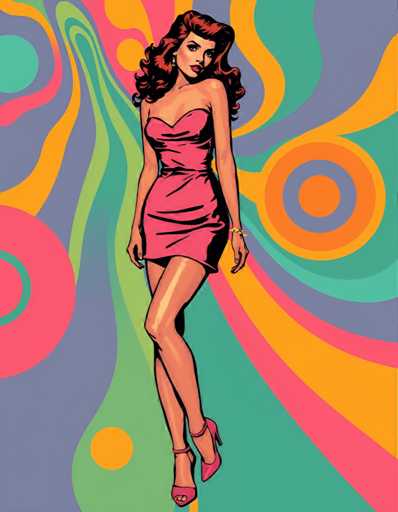 The image depicts a woman wearing a pink dress and high heels standing against a vibrant background of colorful swirls and circles in shades of green, orange, yellow, purple, blue, and pink. The woman is positioned centrally within the frame, with her gaze directed towards the right side of the image.