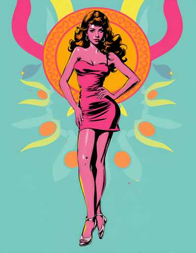 The image depicts a woman wearing a pink dress and high heels standing against a vibrant blue background with orange and yellow circles scattered throughout the scene. The woman is positioned centrally within the frame, facing towards the right side of the image.