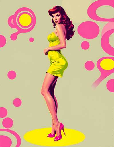 A woman with red hair is standing on a yellow circle against a pink background. She is wearing a green dress and high heels.