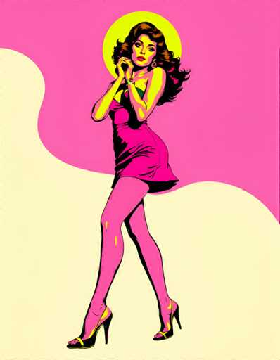 The image depicts a woman wearing a pink dress and high heels standing against a vibrant pink background with a yellow sunburst shape on the right side.
