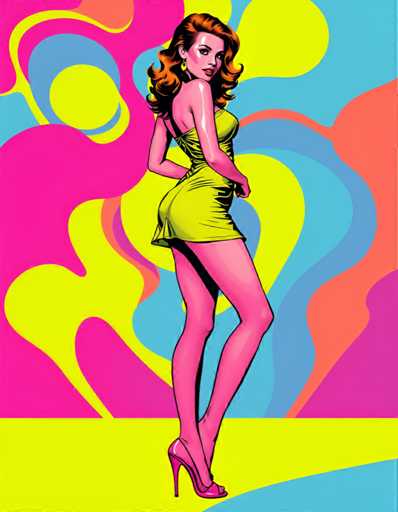 The image depicts a woman wearing a yellow dress and high heels standing against a vibrant background of pink, blue, green, and orange swirls. The woman is positioned on the left side of the frame with her back to the viewer, facing towards the right side.