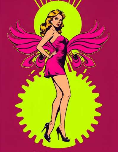 The image features a woman with blonde hair and blue eyes wearing a pink dress adorned with yellow feathers. She is standing on one leg against a purple background that has a circular pattern of yellow and green spots. The woman's position in the center of the frame draws attention to her, making her the focal point of the image.