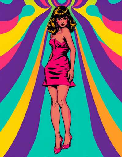 A woman with blonde hair and a strapless dress stands against a vibrant background of purple, pink, green, yellow, blue, orange, and red stripes arranged in a circular pattern.