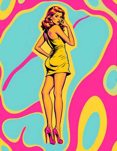 The image depicts a woman with long brown hair wearing a yellow dress and high heels standing against a pink background that features circular shapes. The woman is positioned centrally within the frame, facing to the right side of the image.