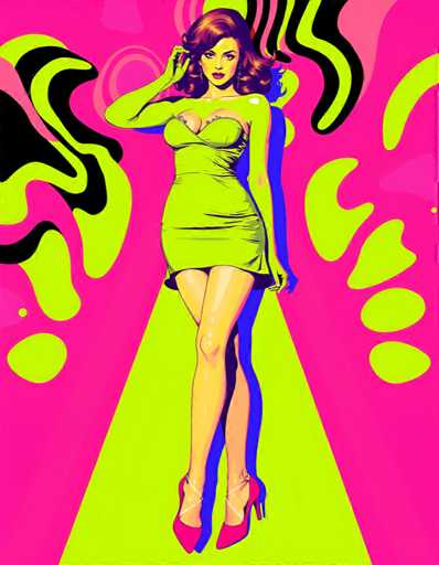 The image depicts a woman wearing a green dress and red heels standing on the left side of the frame against a pink background with black lines and swirls.