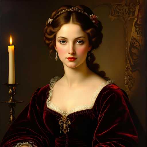 The image depicts a young woman wearing a red dress and a gold tiara with a flower on it. She is seated against a dark background, which contrasts with her vibrant attire. The woman's gaze is directed towards the camera, creating an engaging visual connection between the viewer and the subject.