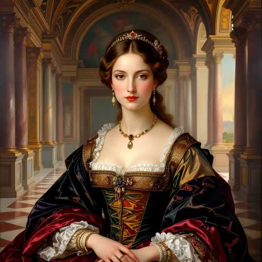 The image depicts a woman wearing a long dress and a crown on her head, standing in front of an ornate archway with columns. The painting is executed in the Baroque style, characterized by dramatic lighting and intricate details.