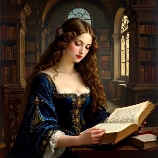 A woman with long brown hair is seated at a desk, engrossed in reading an open book. She is wearing a blue dress adorned with gold embroidery and has a flower pinned to her hair. The room around her features numerous bookshelves filled with books of various sizes and colors, suggesting a well-read environment.