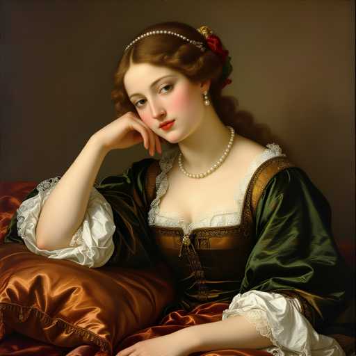 The image depicts a young woman with long brown hair and red flowers in her hair, wearing a green dress adorned with white lace sleeves and a gold brooch on the chest. She is seated on a bed, resting her head on her hand, suggesting a moment of rest or contemplation. The painting style is realistic, focusing on capturing the details of the woman's features and attire.