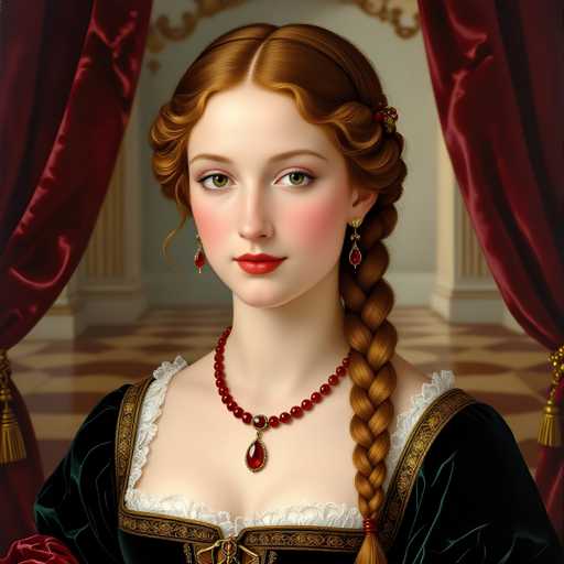 The image depicts a woman with red hair wearing a green dress and gold jewelry, including a necklace with a large pendant featuring red gemstones. The background features a red curtain and white columns, suggesting an indoor setting such as a room or hallway.