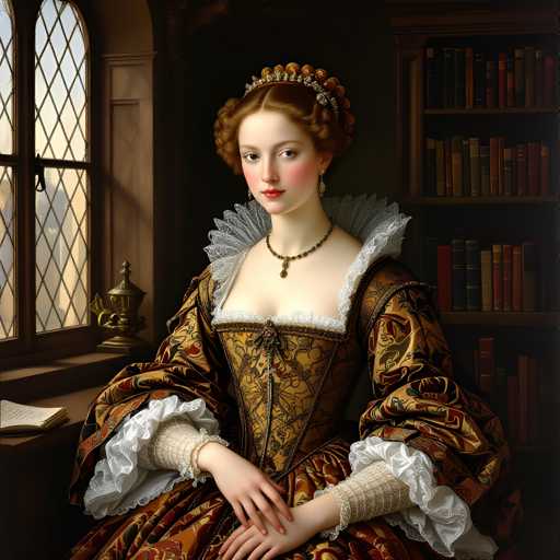 The image depicts a young woman wearing a long, ornate dress with a corset and a headpiece. She is seated on a bench, facing the viewer directly. The background features a window with a gold frame, allowing natural light to illuminate the scene. There are several books visible in the background, suggesting an intellectual or academic setting.