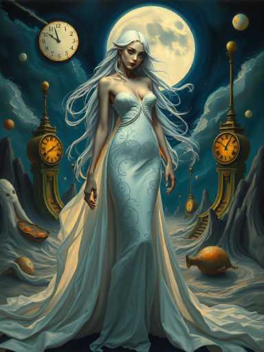 A woman with long white hair and a blue dress stands in front of two clocks on a mountain, one yellow and the other gold.
