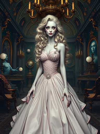 The image depicts a woman wearing a white dress with a pink bodice and long train, standing in the center of a room filled with gold decorations. The room is illuminated by chandeliers hanging from the ceiling, creating an opulent atmosphere. In the background, there are two statues - one on each side of the room.