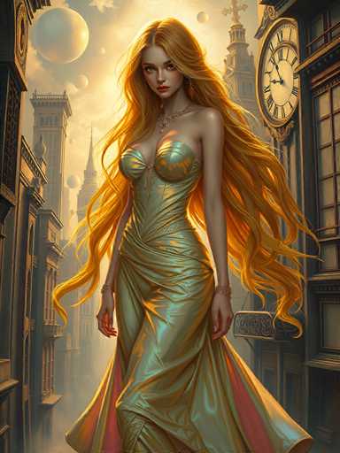 A woman with long blonde hair is walking down a street lined with buildings and a clock tower. She is wearing a gold dress that flows behind her as she strides forward. The sky above the scene is filled with floating white clouds.